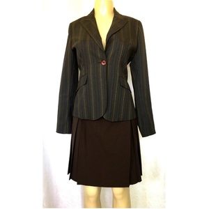 Yumi Mazao 2 pc Skirt Suit Set Blazer Brown Stripe